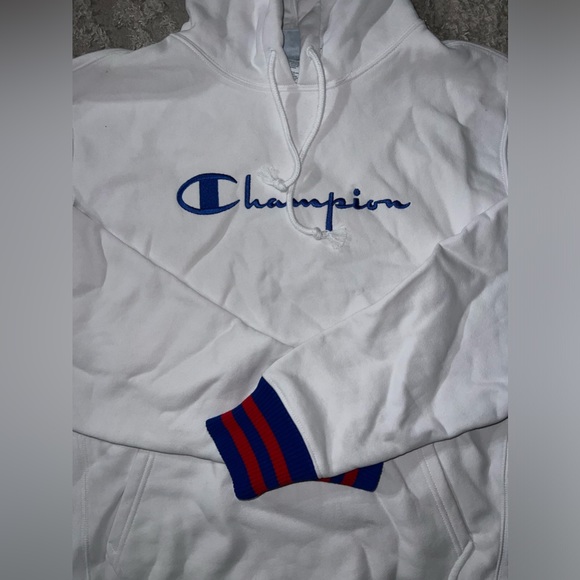 Champion white hoodie with blue and red striped detailing - Picture 2 of 4